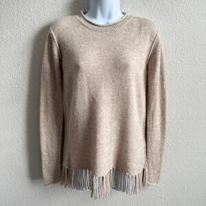 Lisa Todd Tan Cashmere Fringe Sweater Women's S Crew Neck Tassel Relaxed Fit